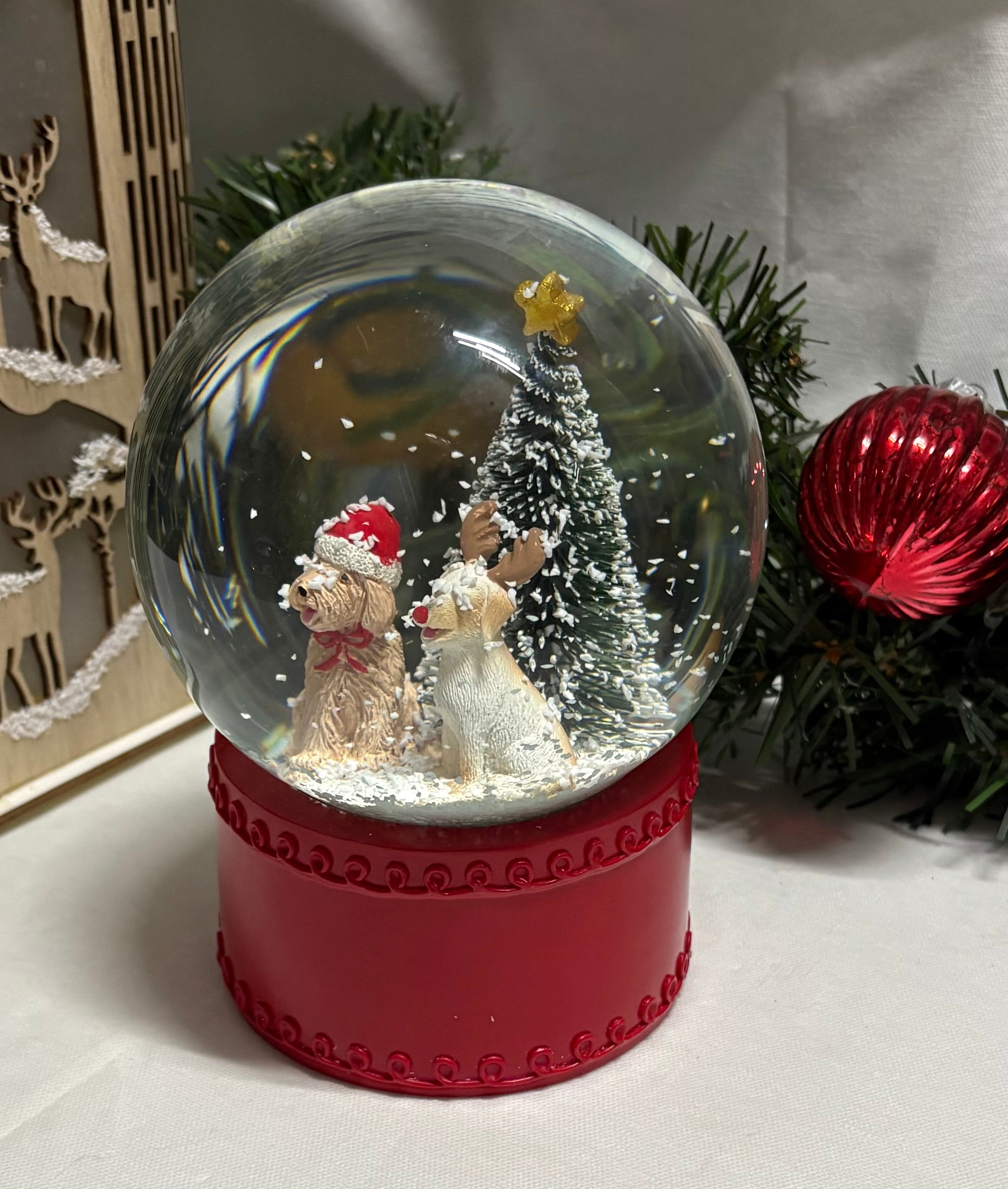 Beautiful Medium Sized Dogs & Tree Snow Globe with Red Base