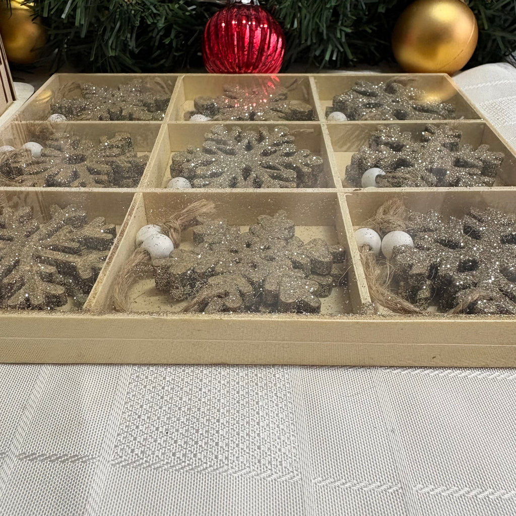 Set of 18 x Gold Glittery Wooden Snowflake Hanging Christmas Decorations