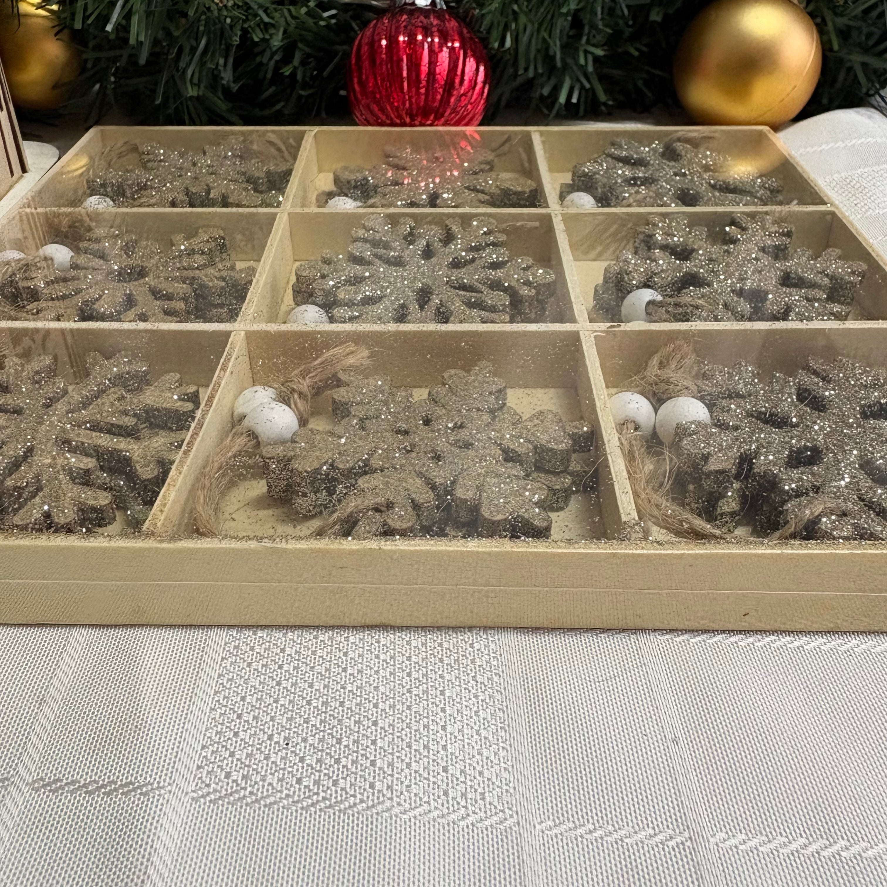 Set of 18 x Gold Glittery Wooden Snowflake Hanging Christmas Decorations