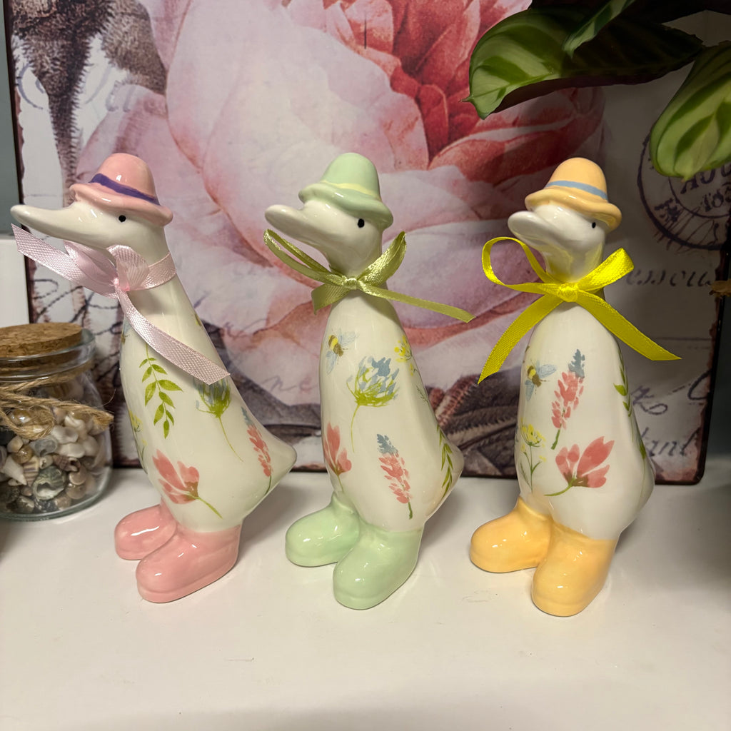 Set of 3 x Floral Ducks in Boots Ornaments