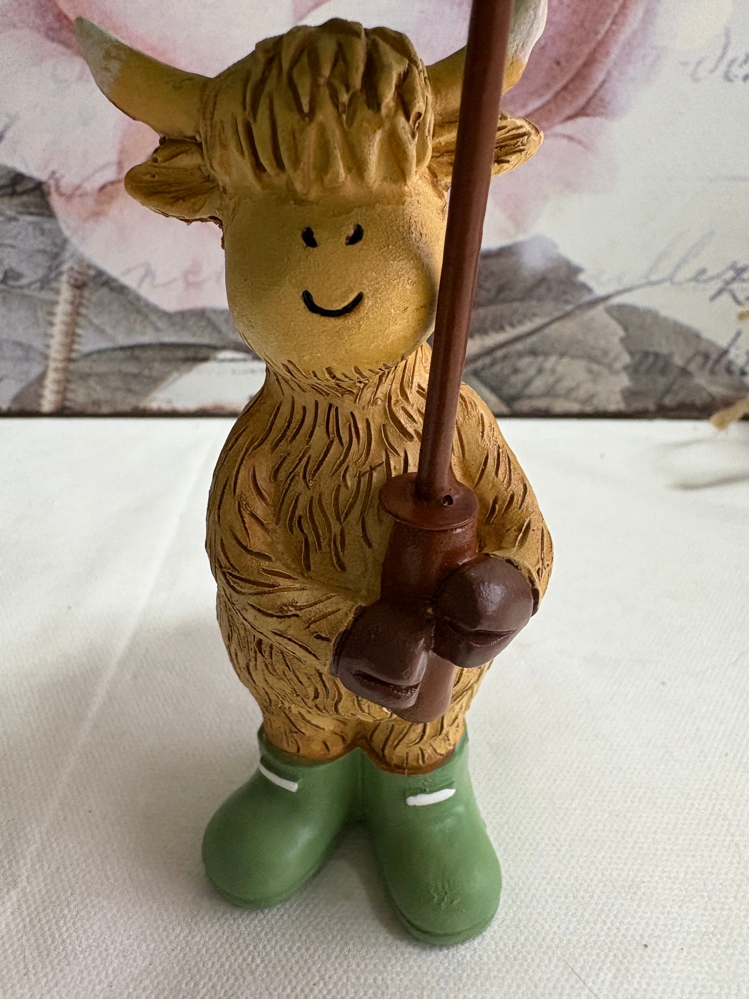 Standing Highland Cow with Green Umbrella Figure Ornament