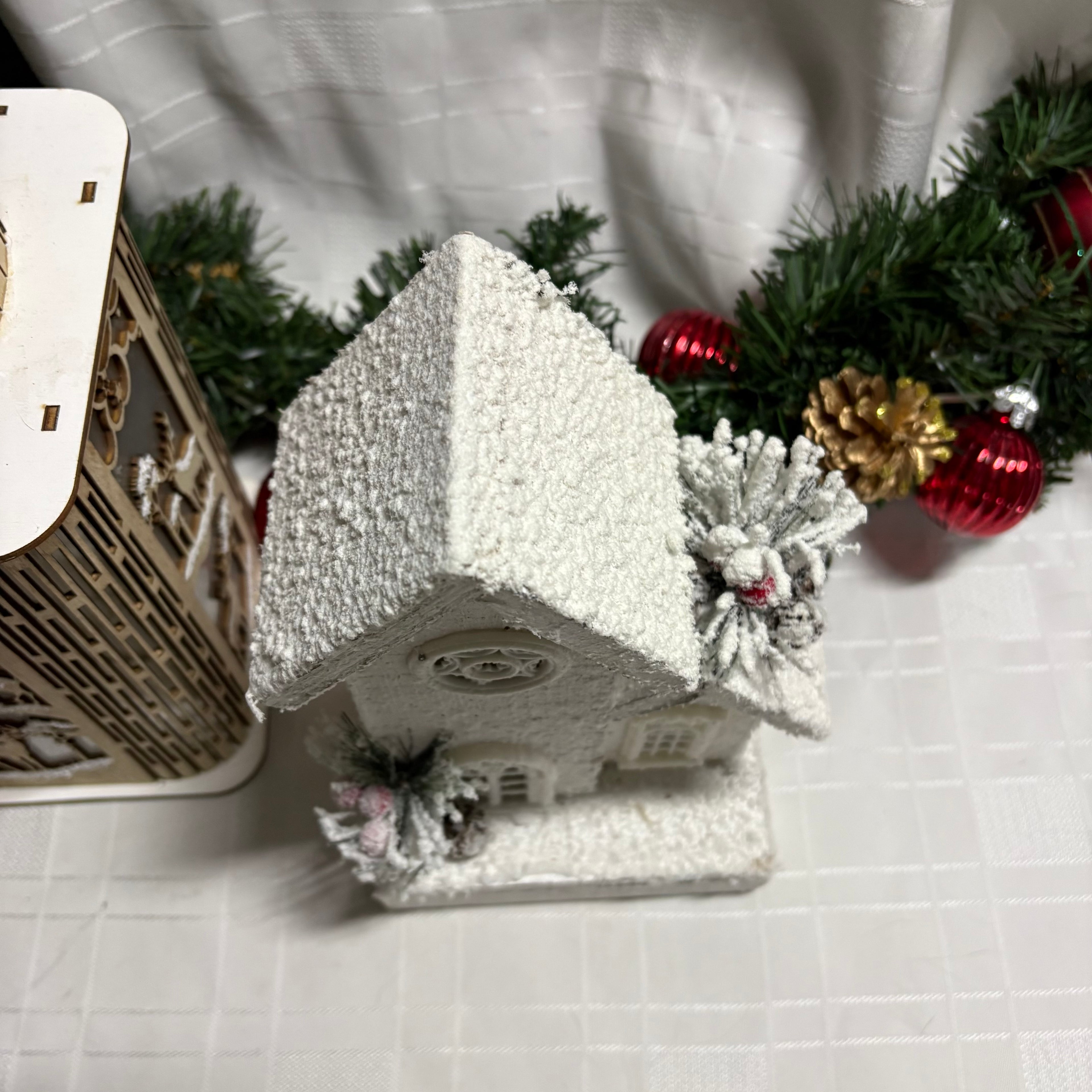 White Snow Covered Wooden LED Light Up House Ornament