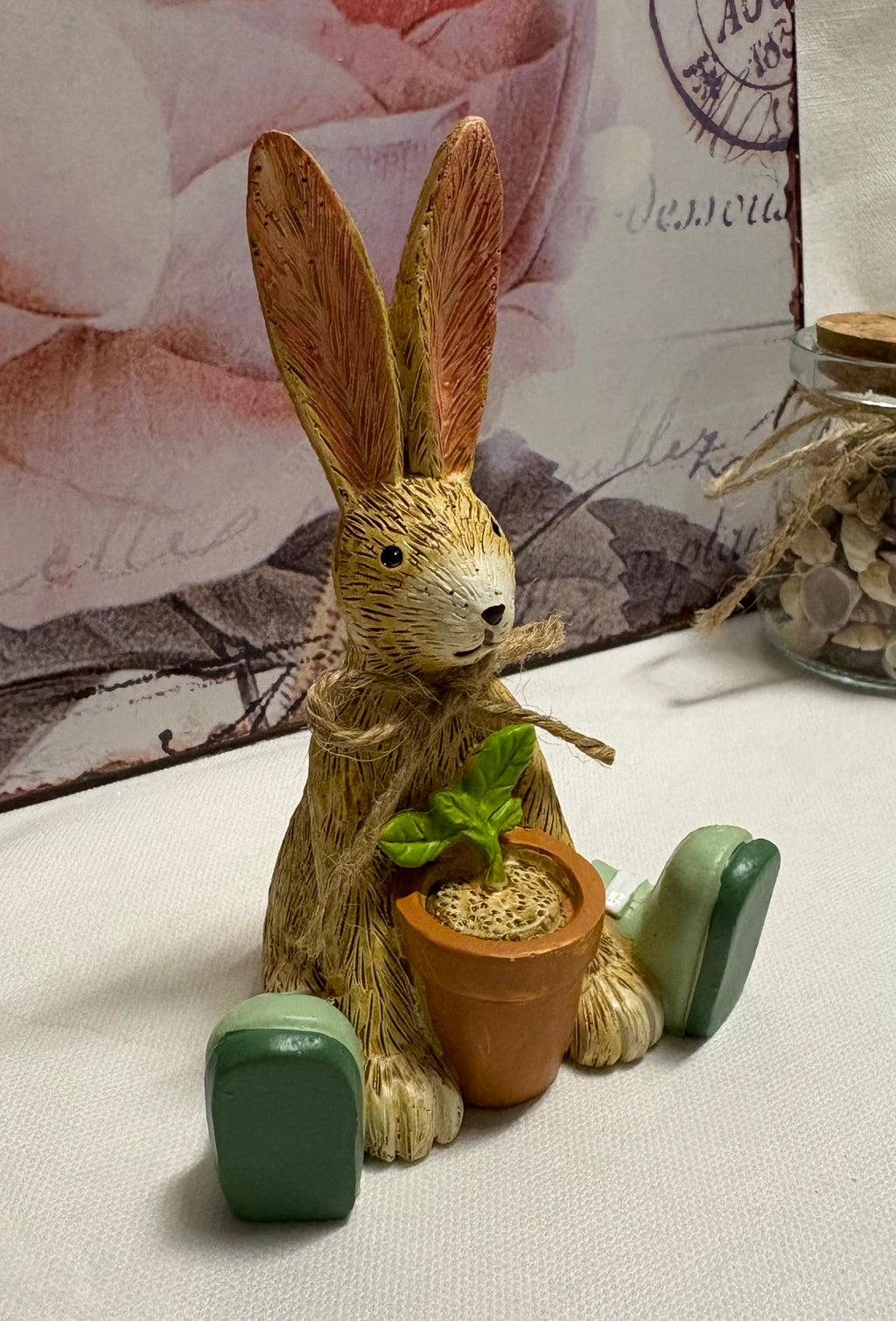 Hand Painted Sitting Plant Pot Bunny Resin Figure