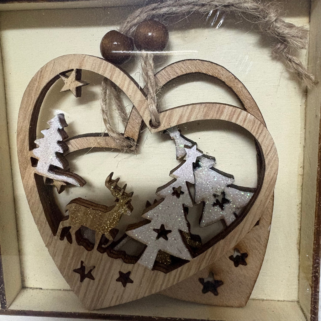 Pack of 8 Glitter Heart Wooden Christmas Tree Decoration Hangers