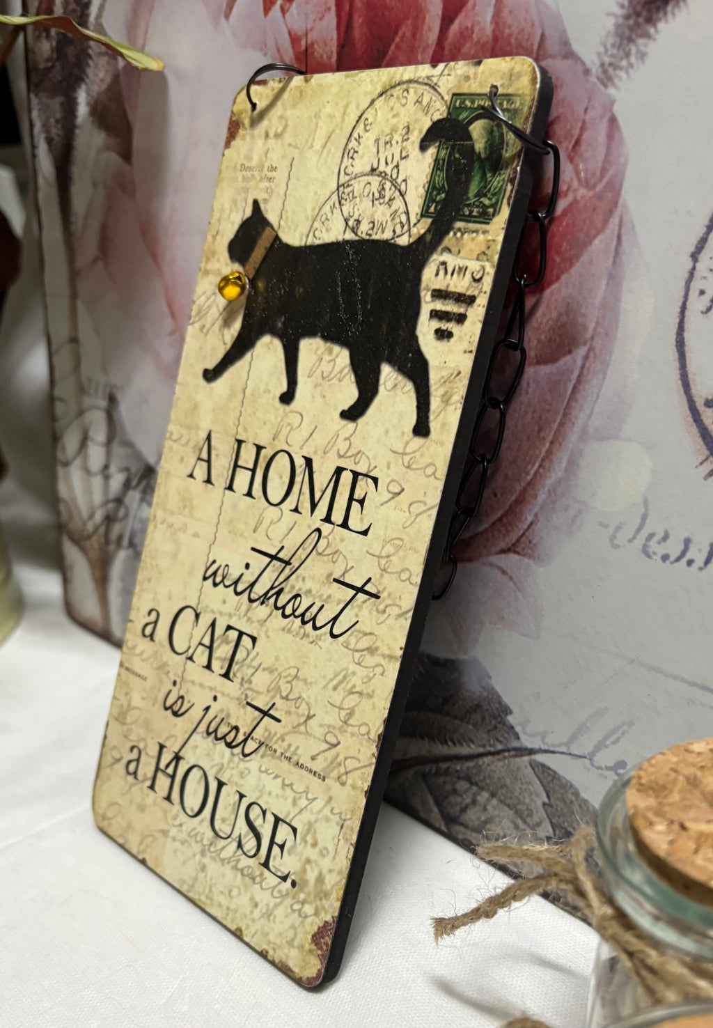 Hanging Wooden Cat Sign, 20cm