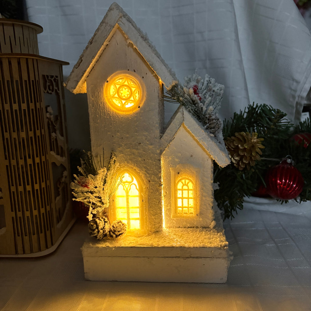 White Snow Covered Wooden LED Light Up House Ornament