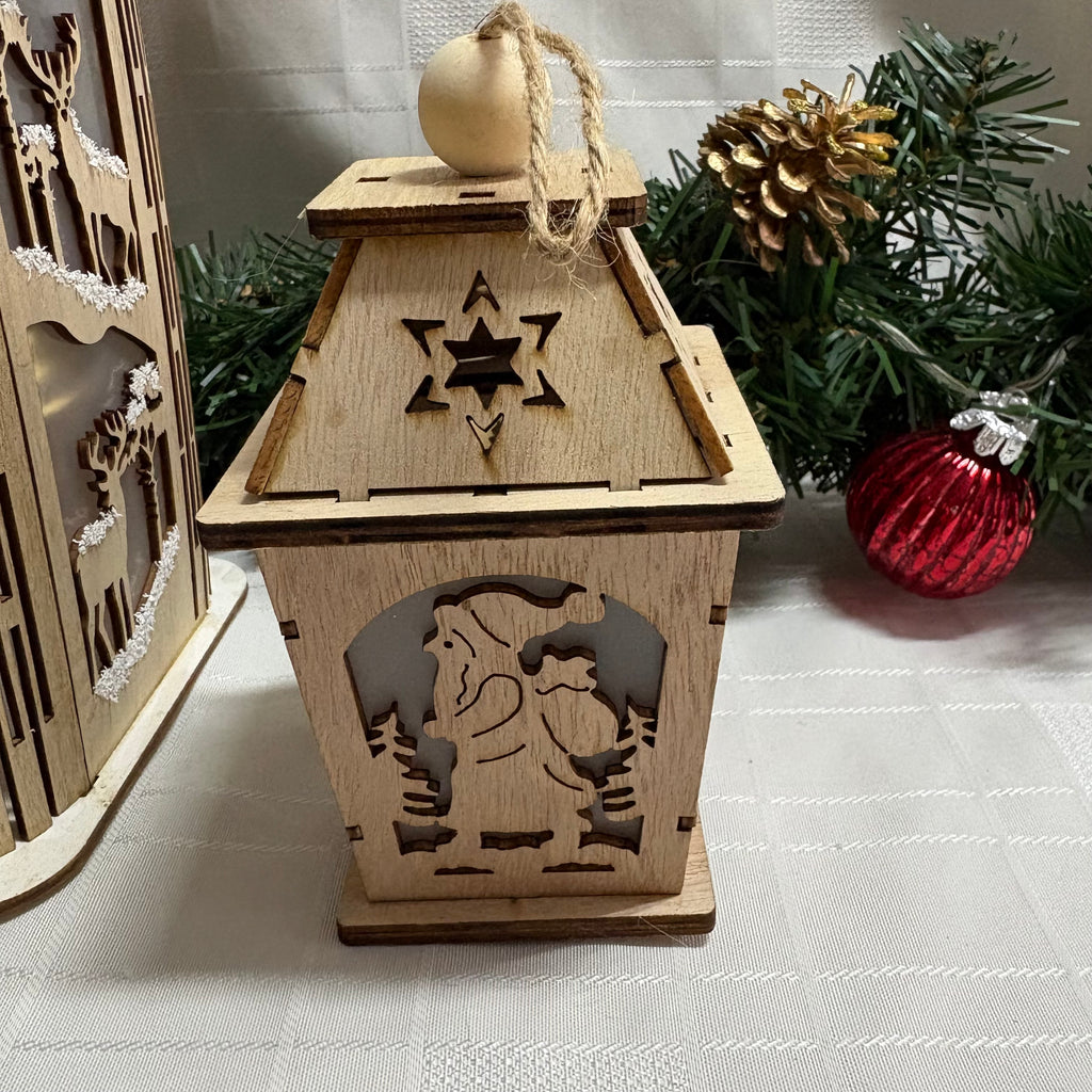 LED Light Up Hanging Wooden Lantern with Christmas Scene