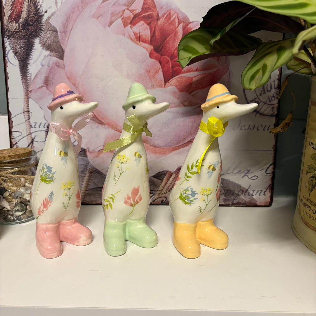 Set of 3 x Floral Ducks in Boots Ornaments