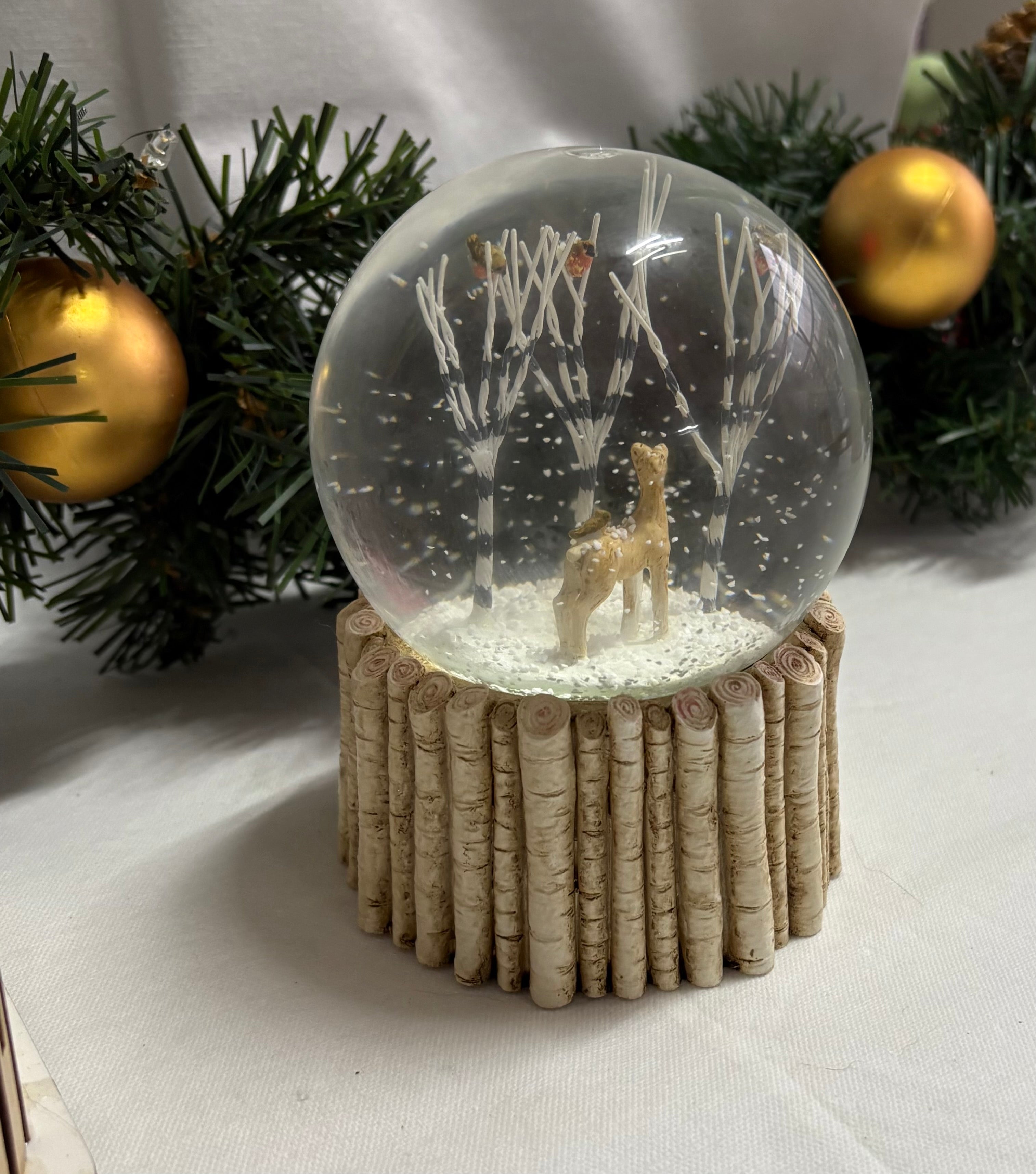 Beautiful Medium Sized Deer & Birds Wooden Base Snow Globe