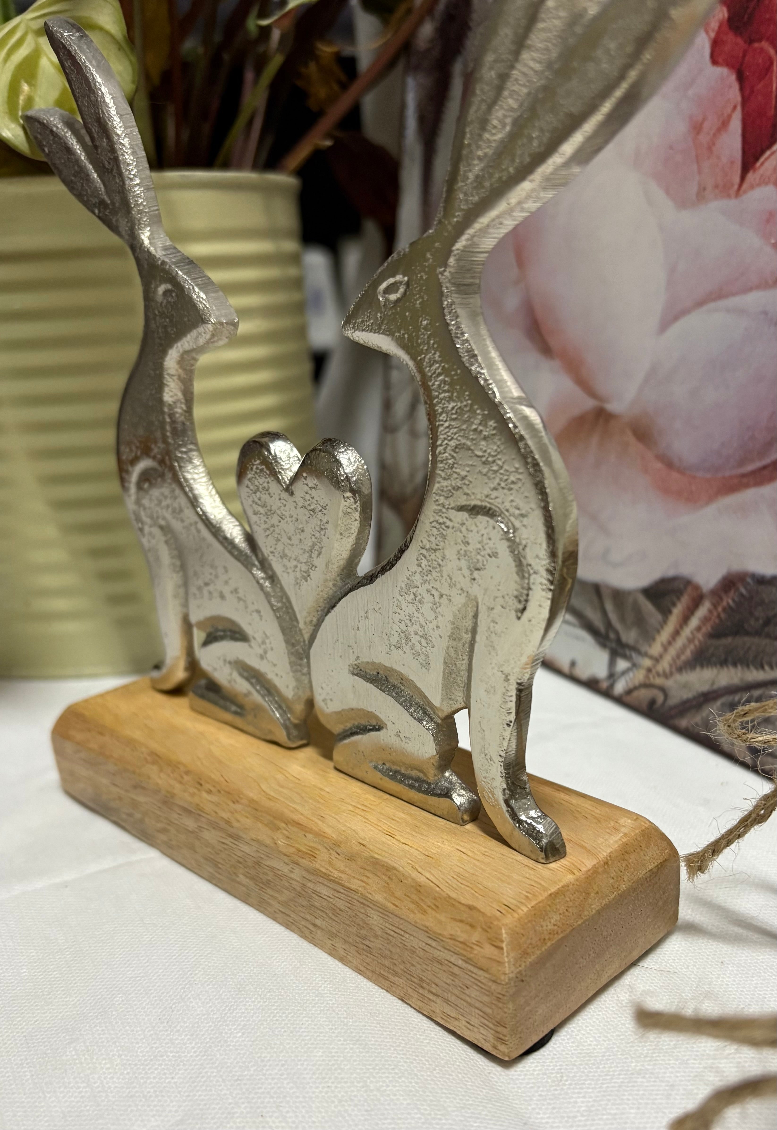 Pair of Metal Rabbits Hare Bunnies with Heart on Wooden Base Ornament - 2 Sizes