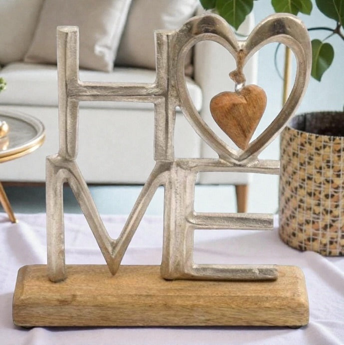 Metal 'Home' Sign with Heart on Wooden Base