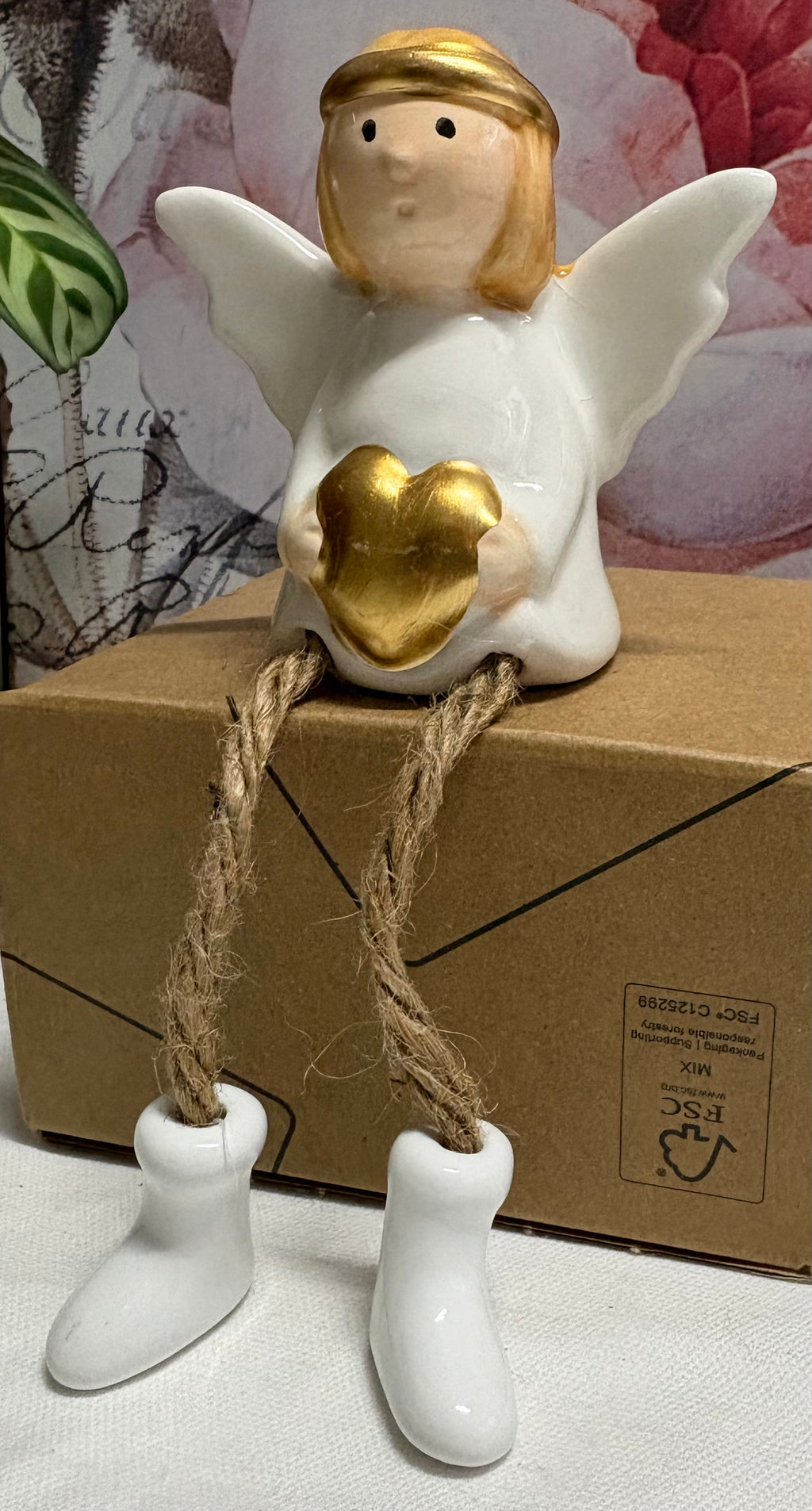 Porcelain Angel with Twine Legs Sitting Ornament