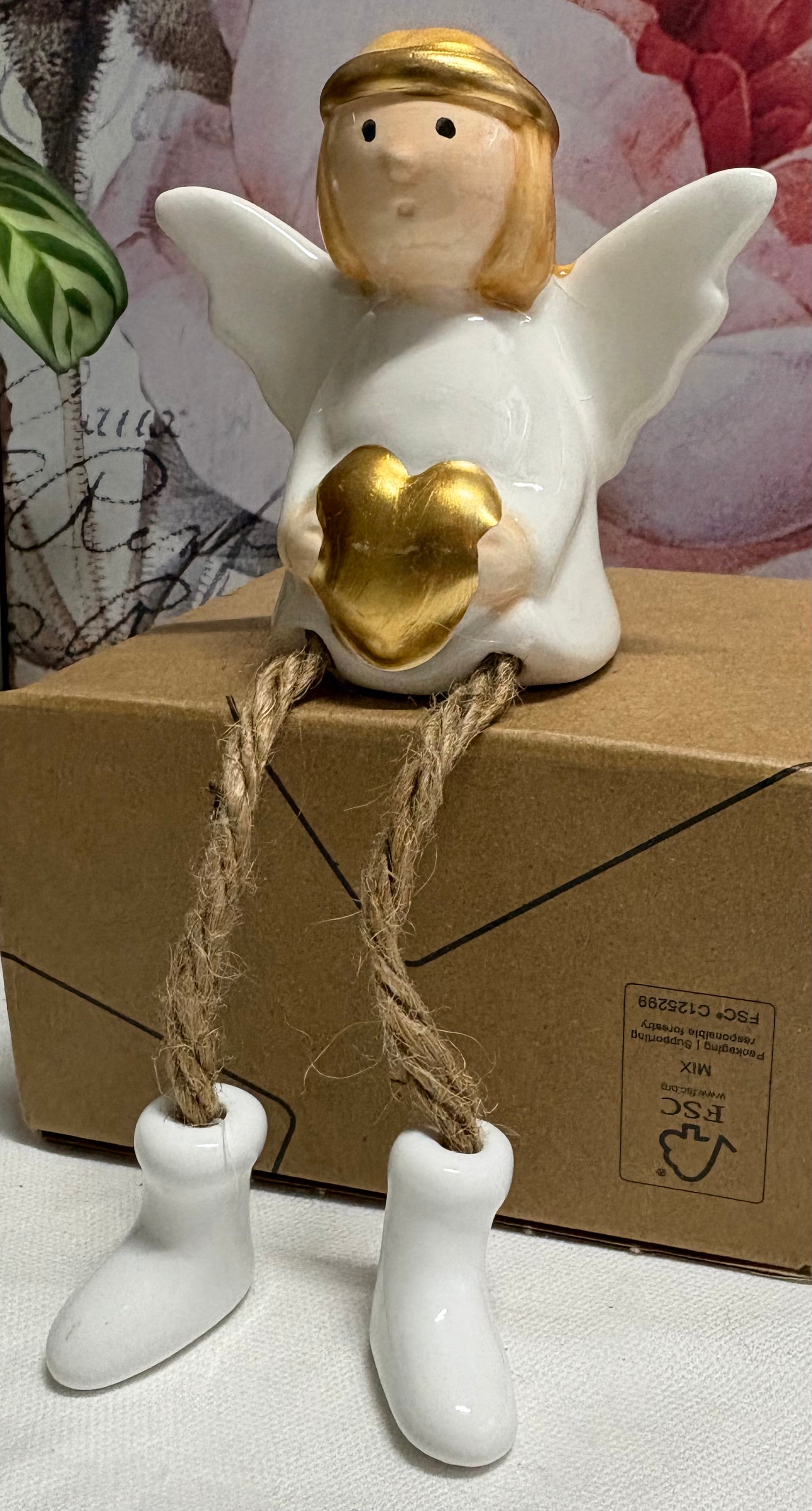 Porcelain Angel with Twine Legs Sitting Ornament