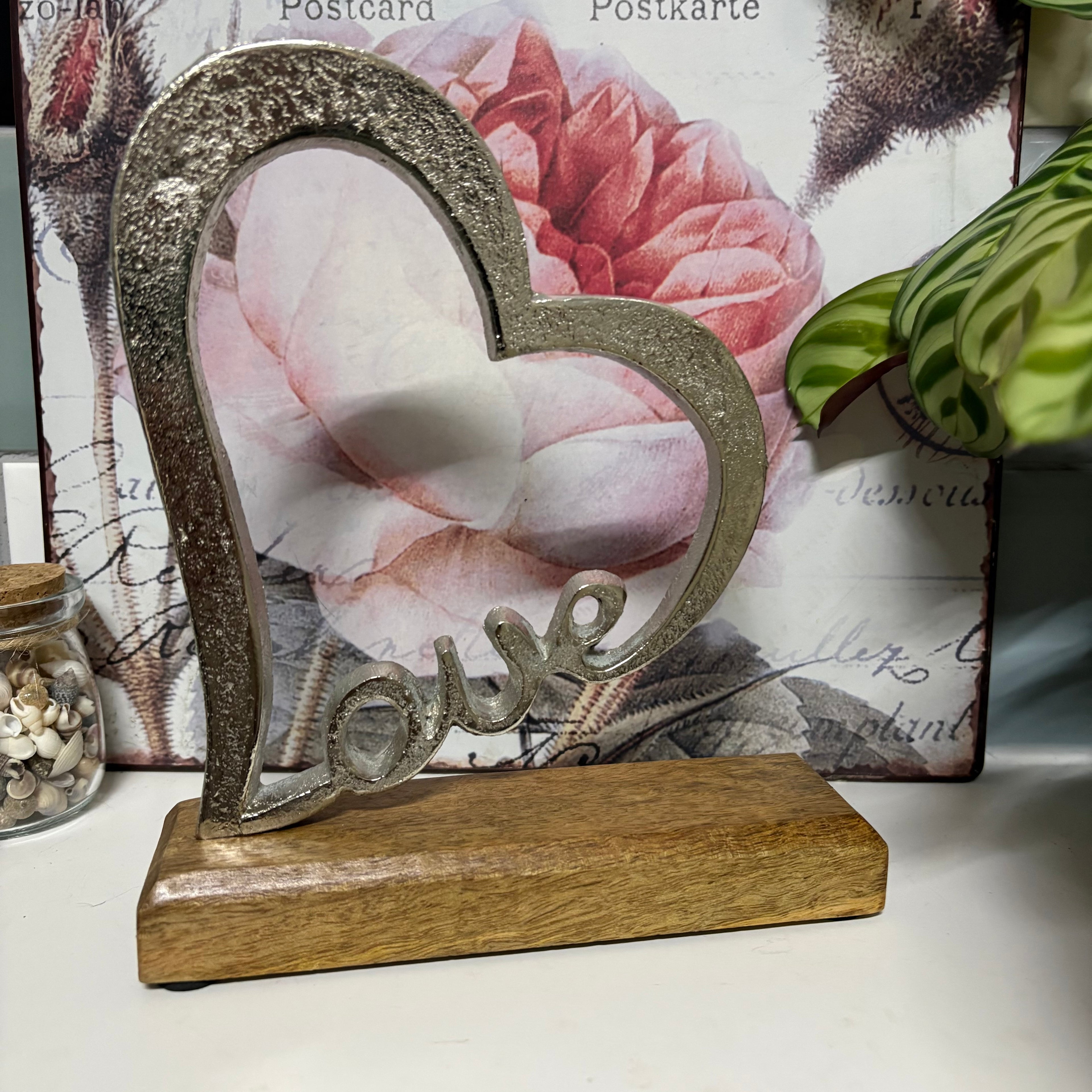 Aluminium Love Heart Metal Ornament in Wooden Block