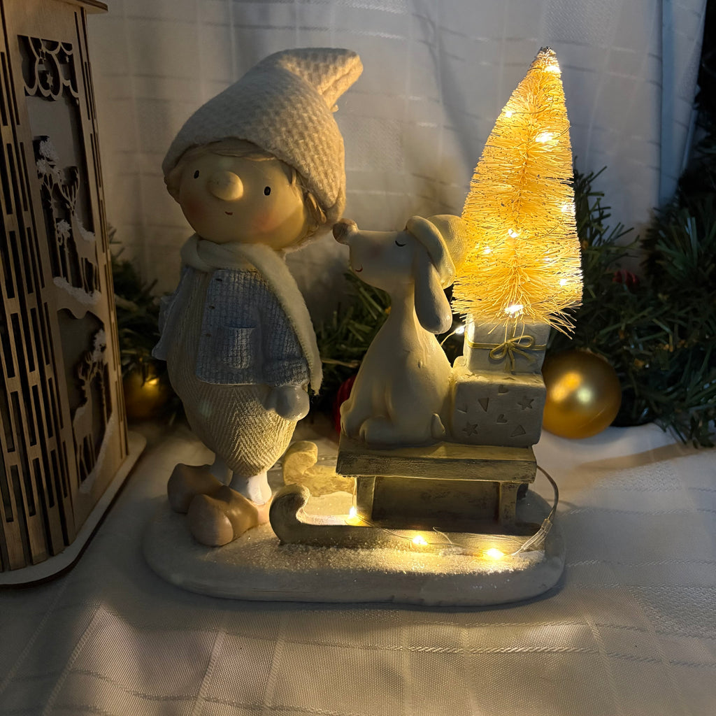 Boy & Dog on Sled Light Up LED Christmas Decorations