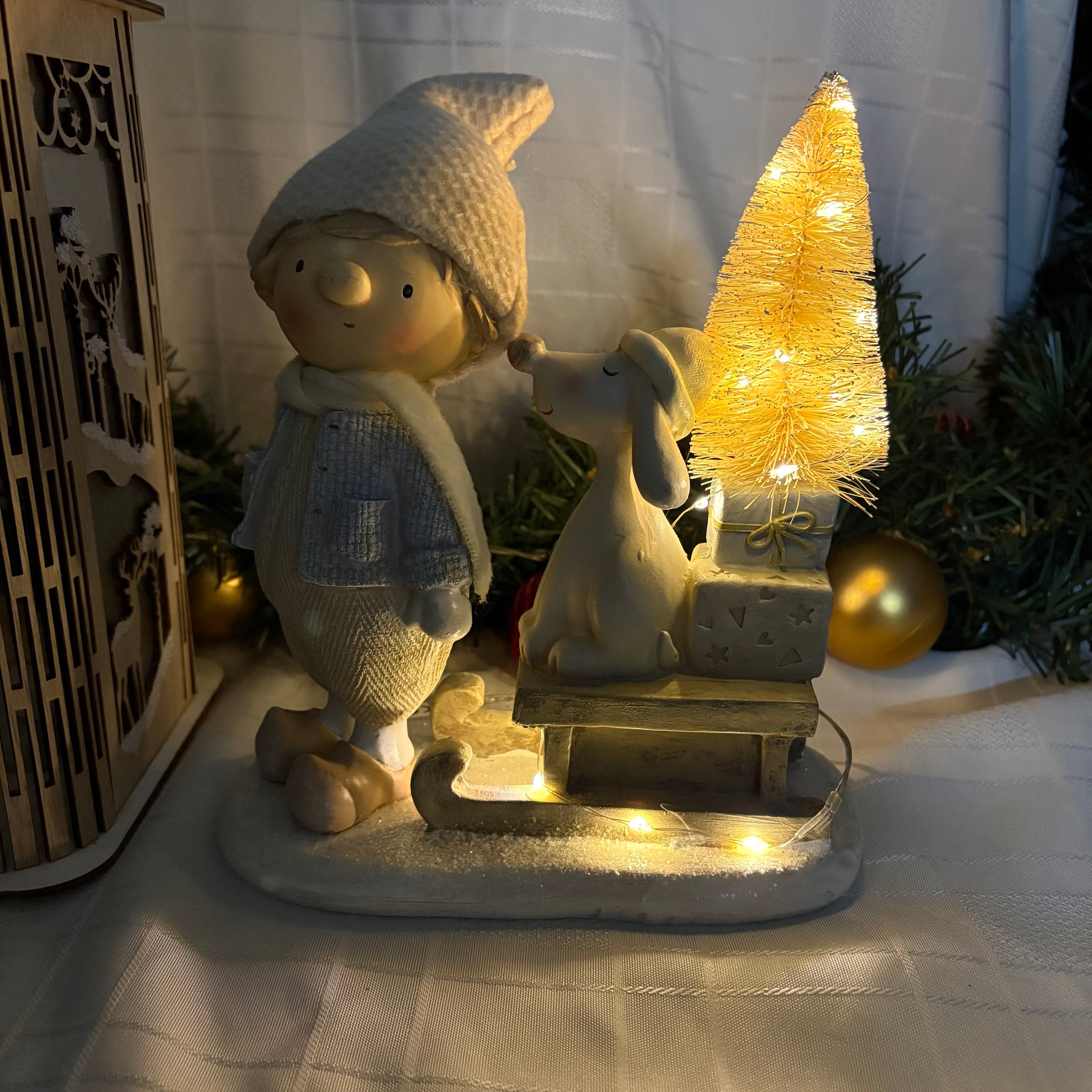 Boy & Dog on Sled Light Up LED Christmas Decorations