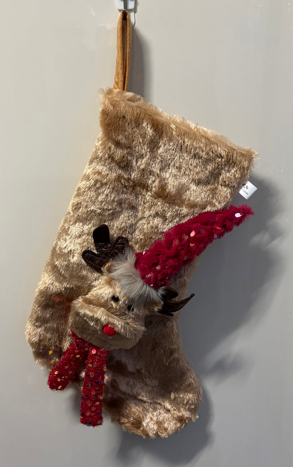 Fluffy Reindeer Plush with Red Sequin Scarf Ornament & Stocking Set