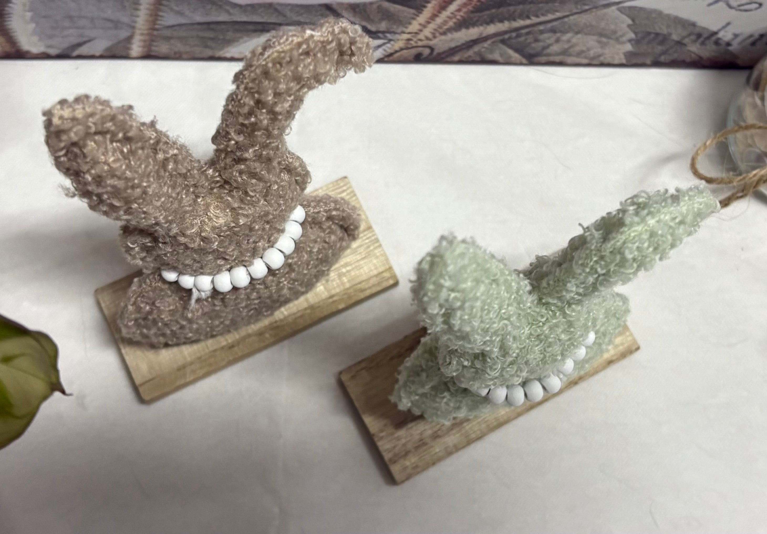 Pair of Sherpa Green And Brown Rabbits on Wooden Base, 17cm