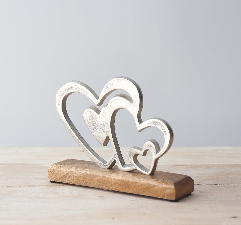 Aluminium Multi Graduated Heart Ornament On Block, 16cm