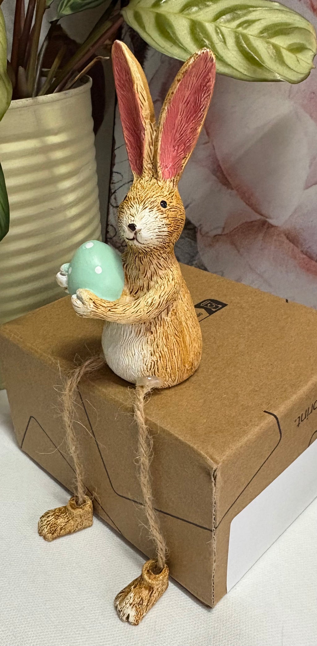 Brown Sitting Green Egg Twine Leg Bunny Resin Figure