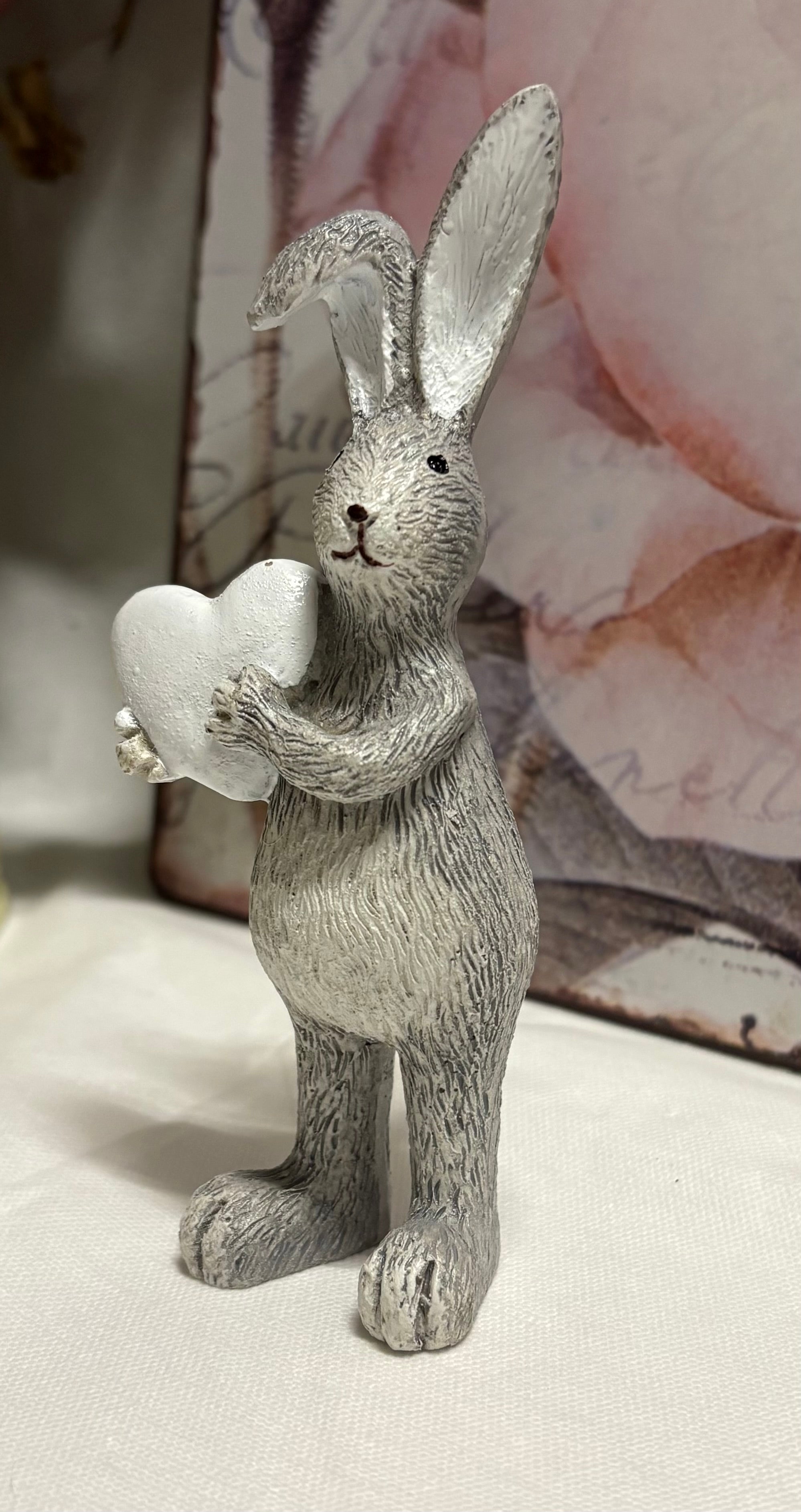 Grey White Heart Standing Bunny Resin Figure