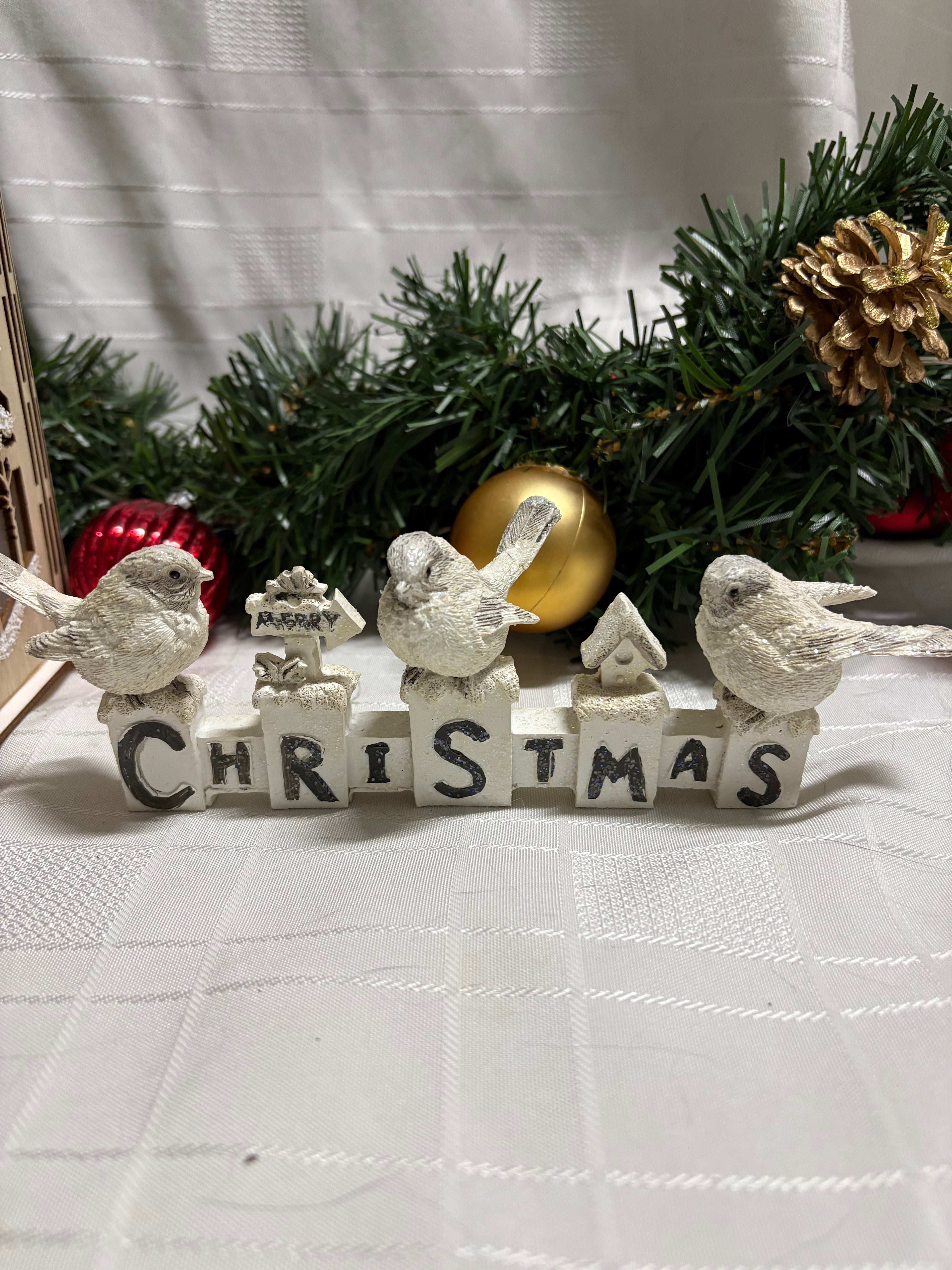 White Merry Christmas with Birds Resin Sign