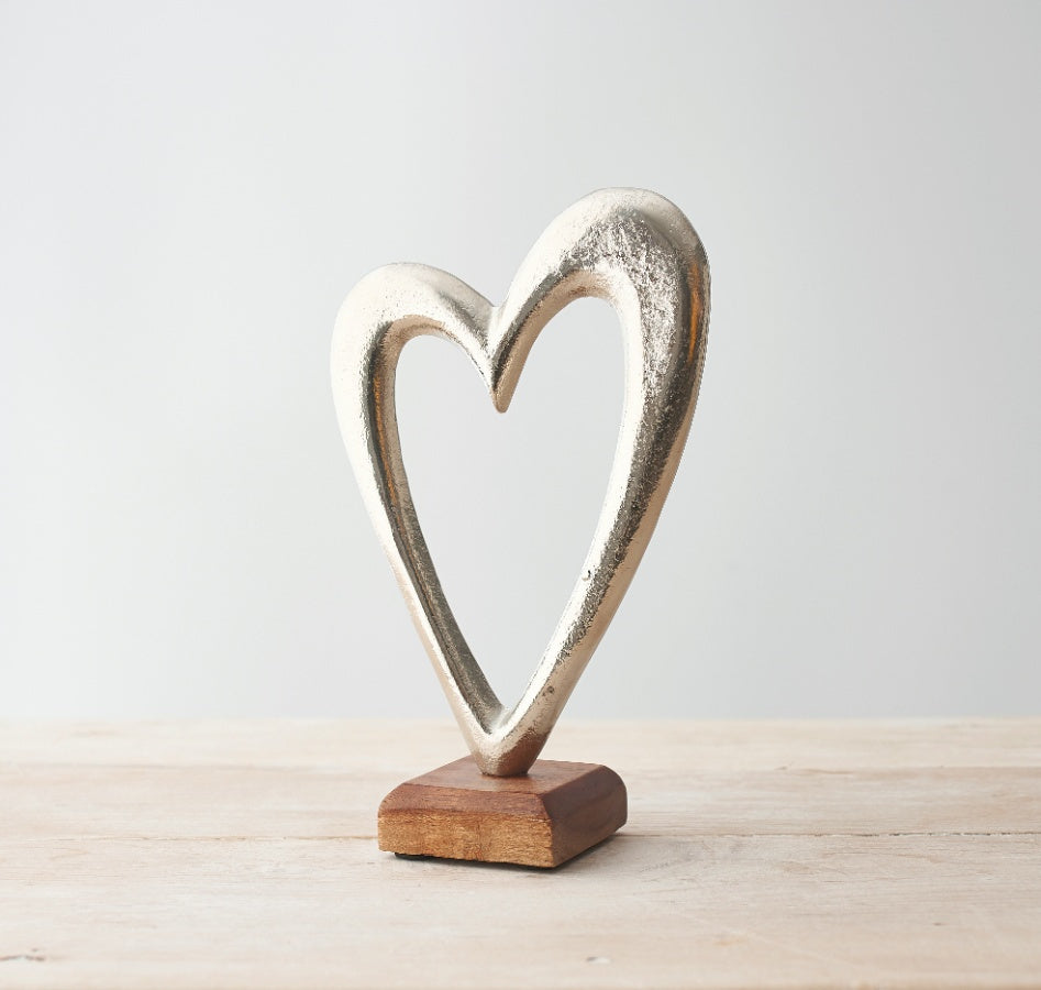 Silver Heart On Wooden Base Ornament, 22cm