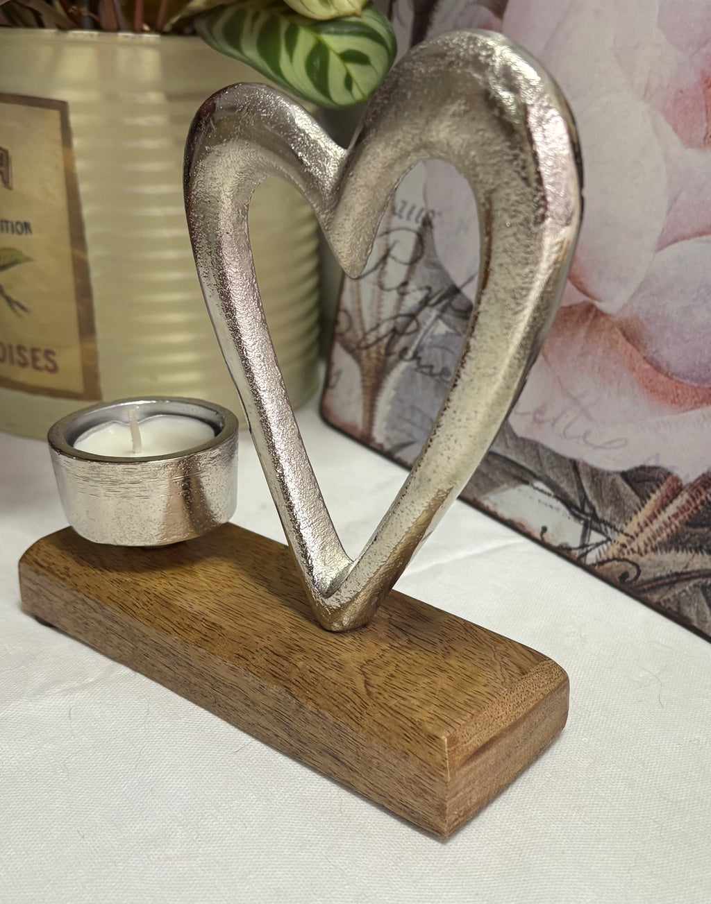 Metal Heart with T-Light Holder on Wooden Base, 17cm