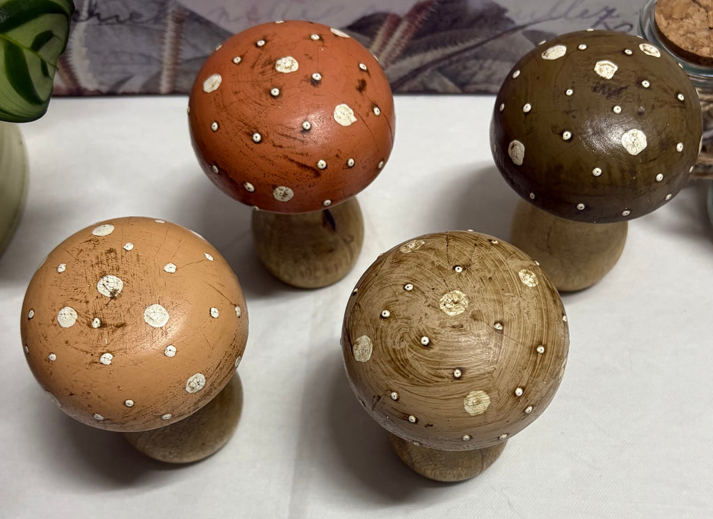 Set of 4 x Different Coloured 10cm Wooden Mushrooms