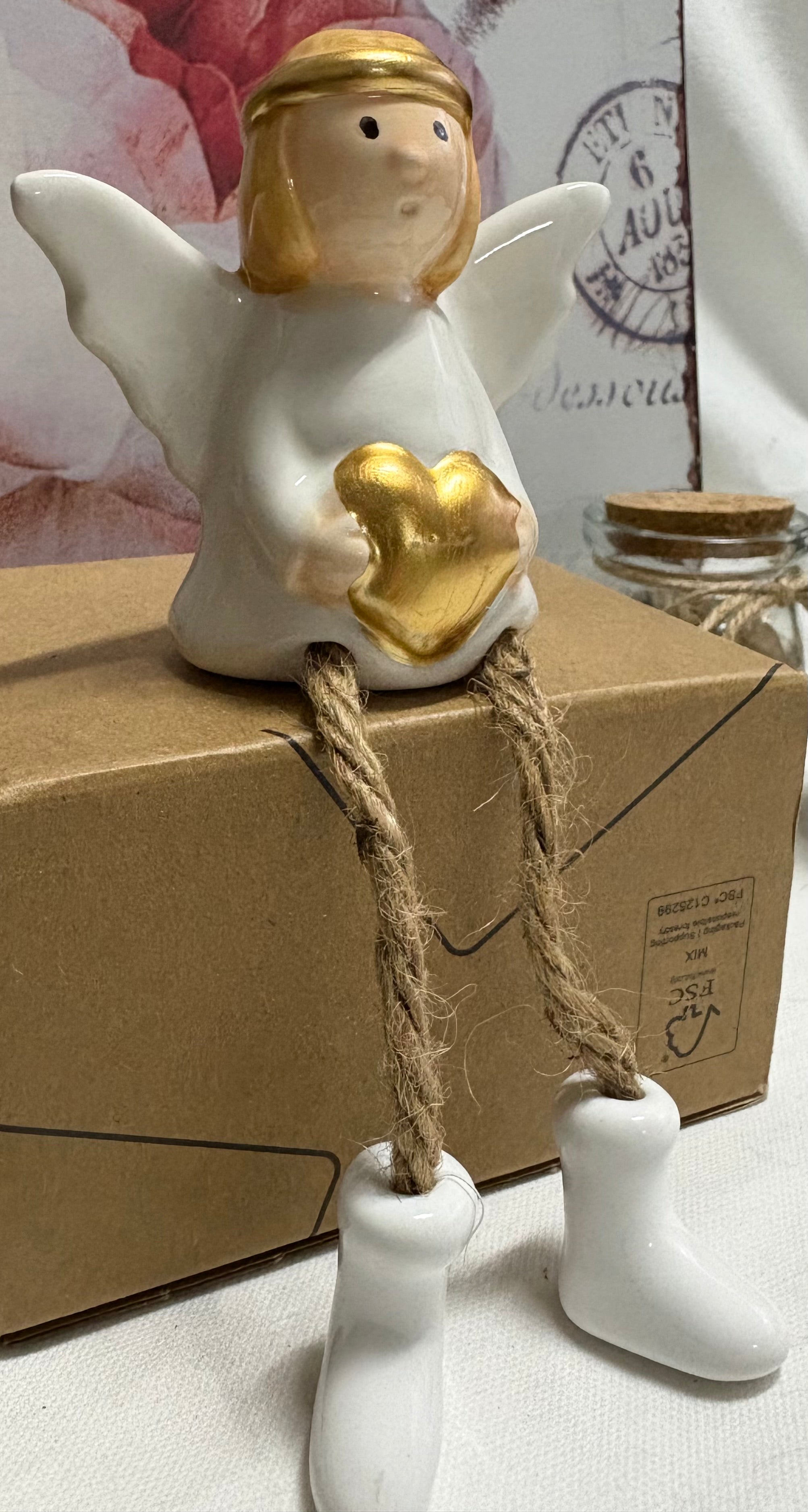 Porcelain Angel with Twine Legs Sitting Ornament