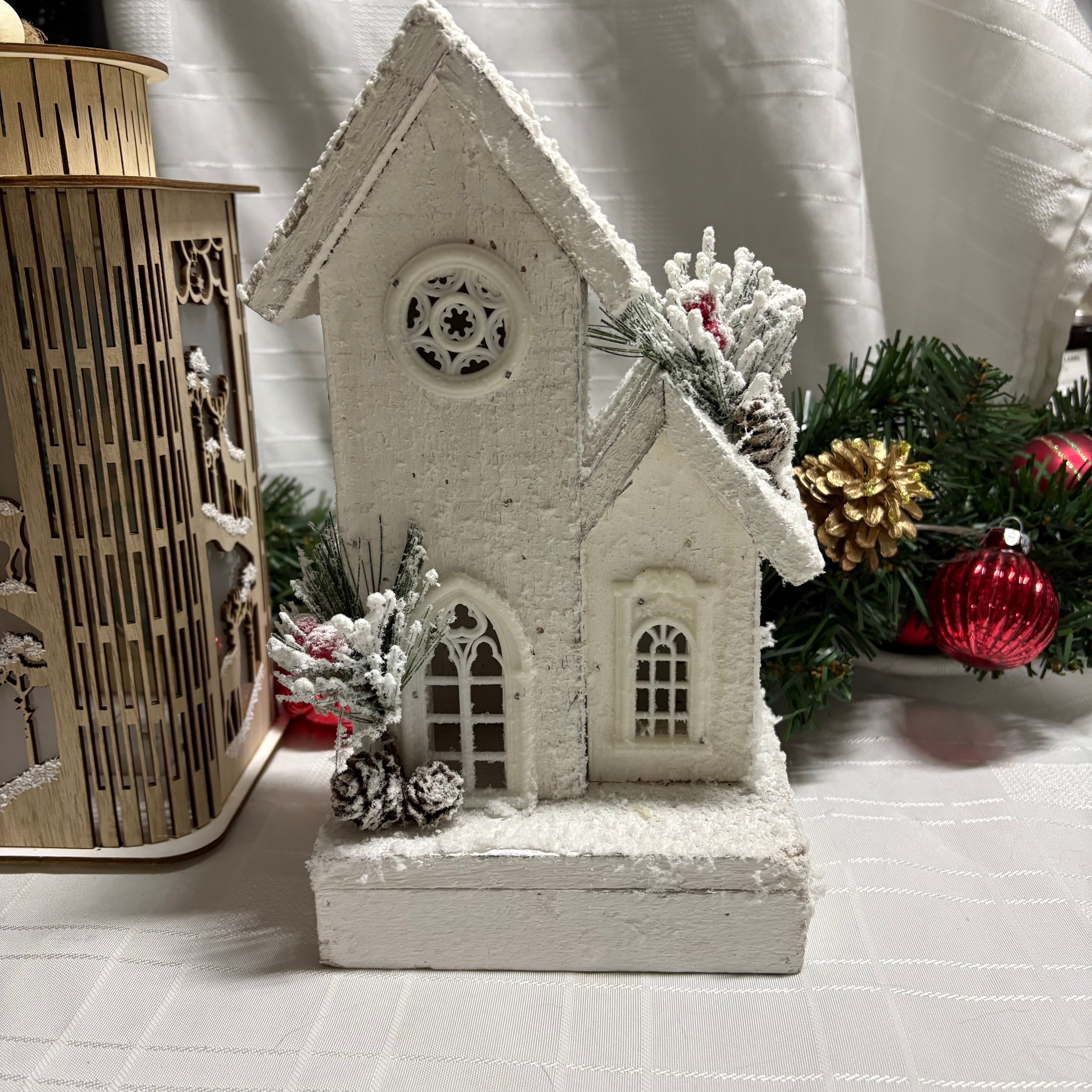 White Snow Covered Wooden LED Light Up House Ornament