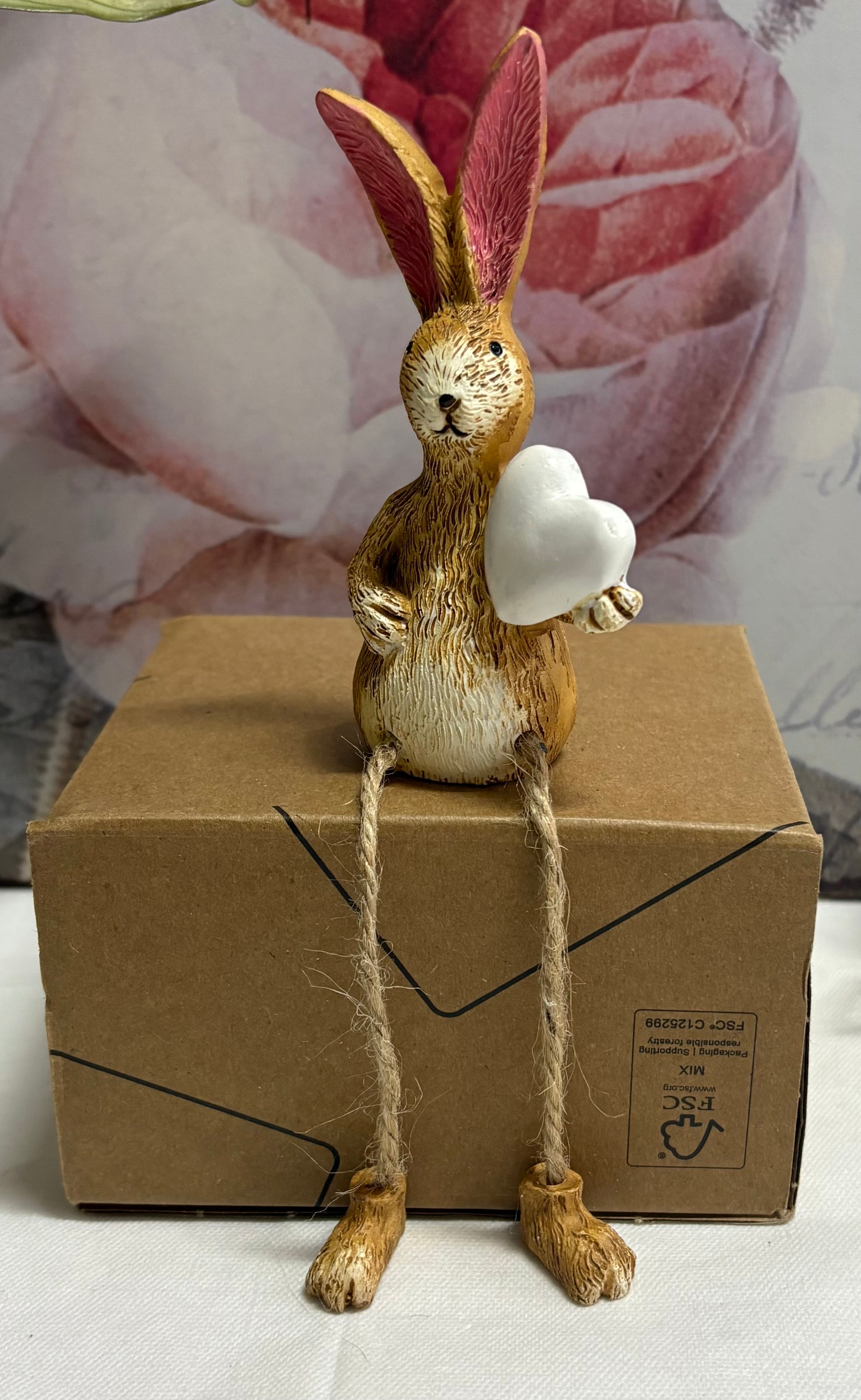Sitting Brown Bunny with Twine Legs and White Heart Figure Ornament