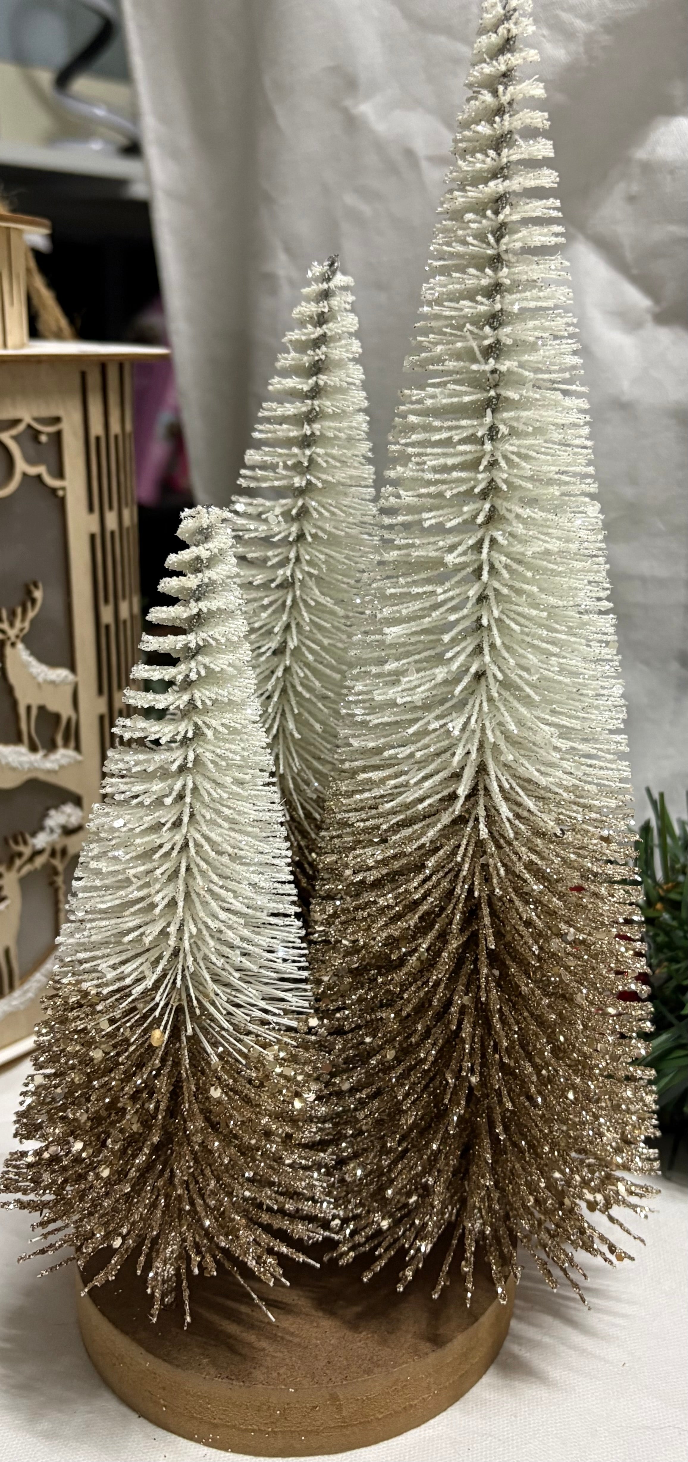 Gold & White Glitter Bottle Brush Tree Trio on Stand