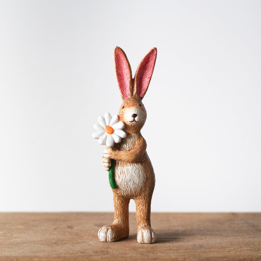 Standing Brown Bunny with Daisy Rabbit Hare Figure Ornament