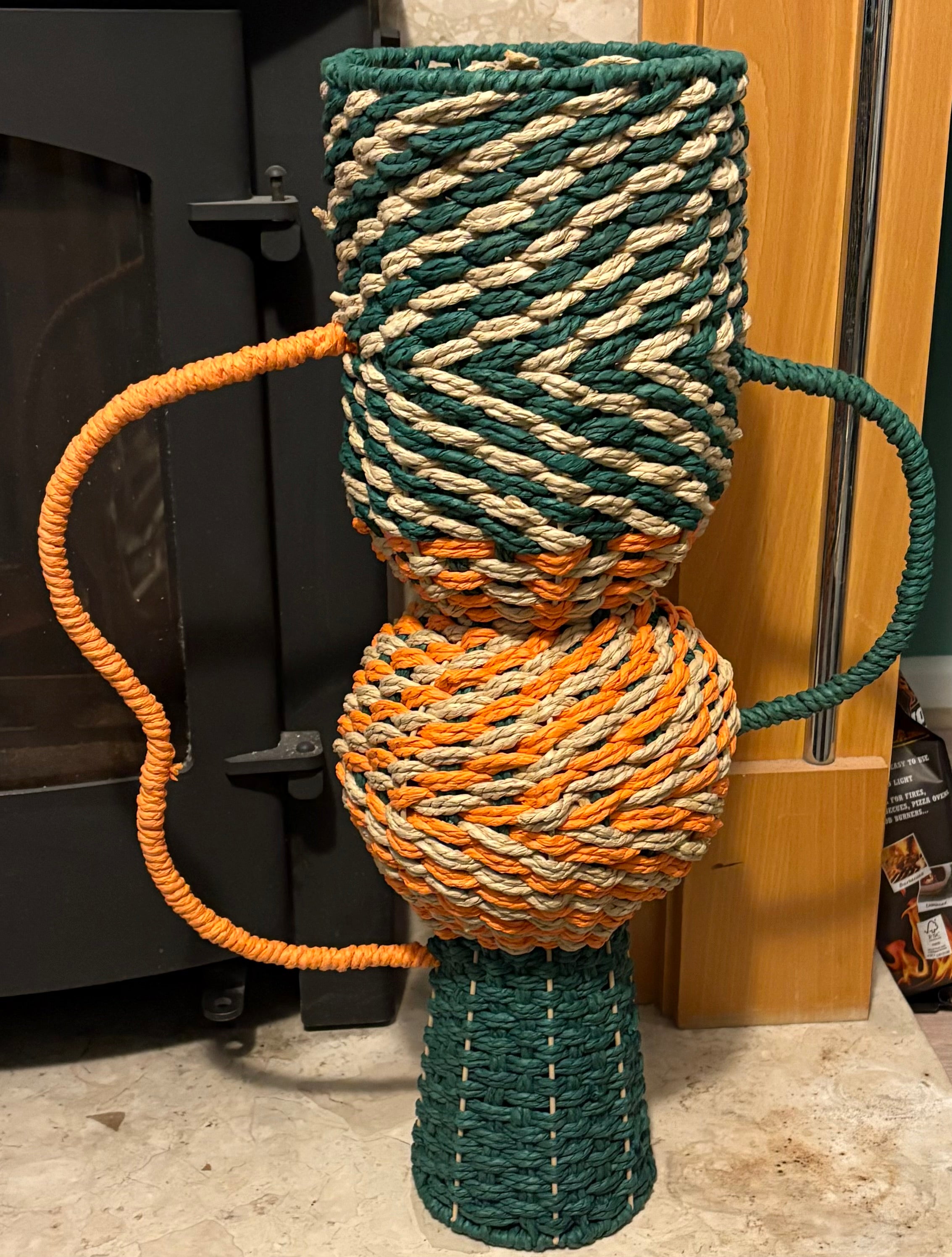 Large Orange and Green Rope Vase With Shaped Handles