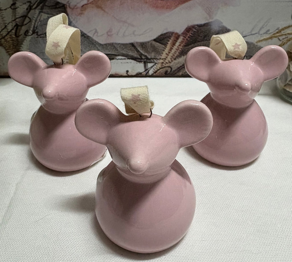 Set of 3 x Pink Ceramic Hanging Mice Ornaments