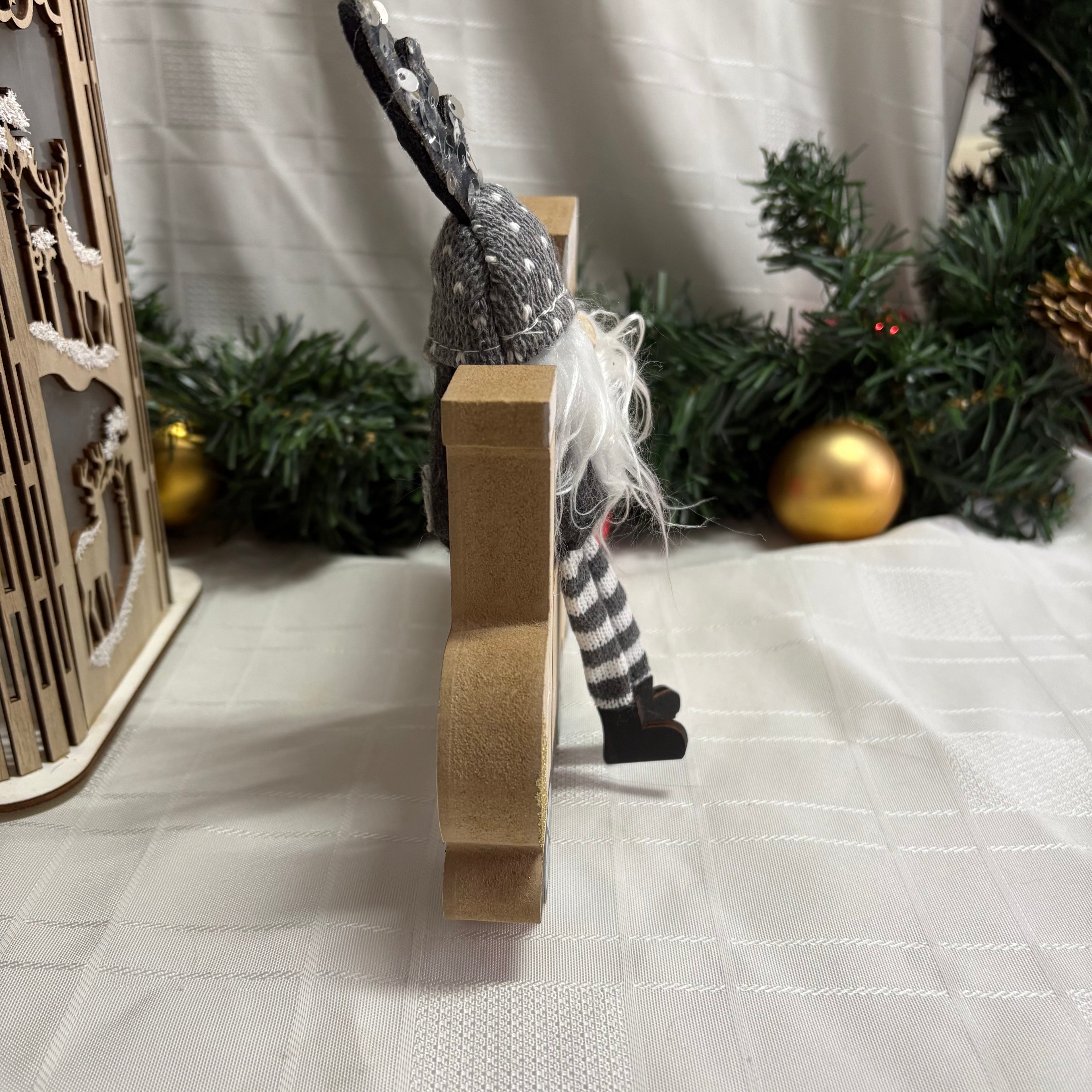 Grey Gonk Sitting On Wooden Train Christmas Ornament