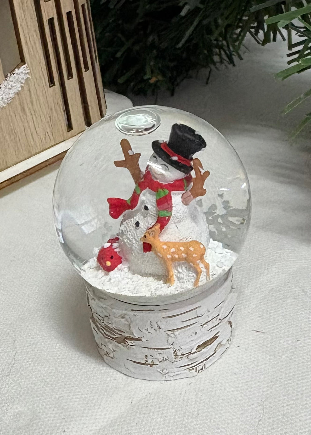 Mini Snowman Snow Globe with Reindeer - Rustic Christmas Decoration