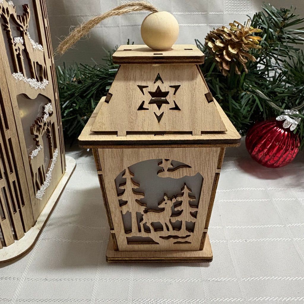LED Light Up Hanging Wooden Lantern with Christmas Scene