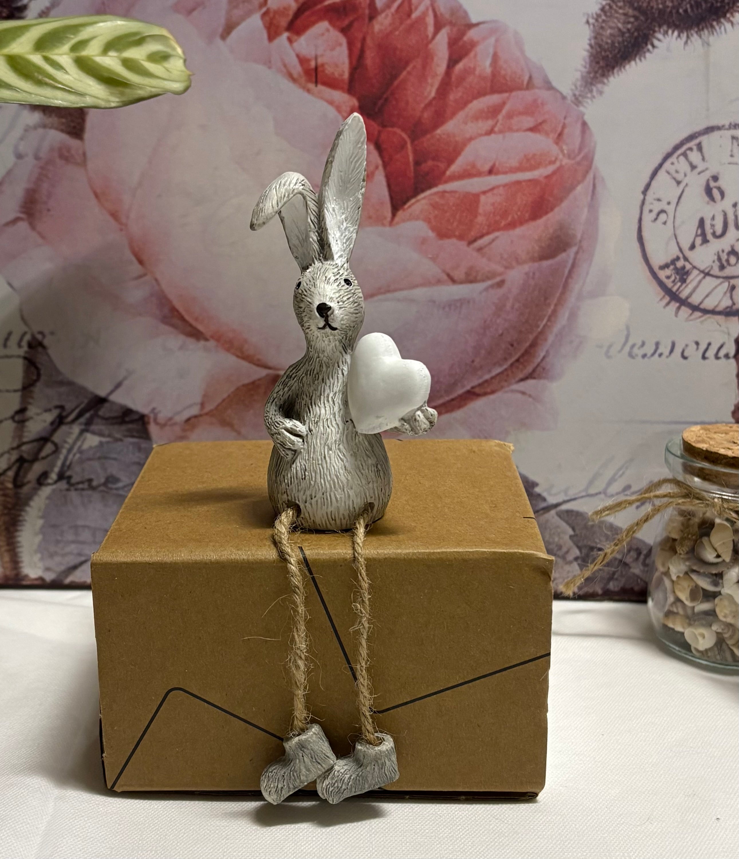 Grey Sitting White Heart Twine Leg Bunny Resin Figure