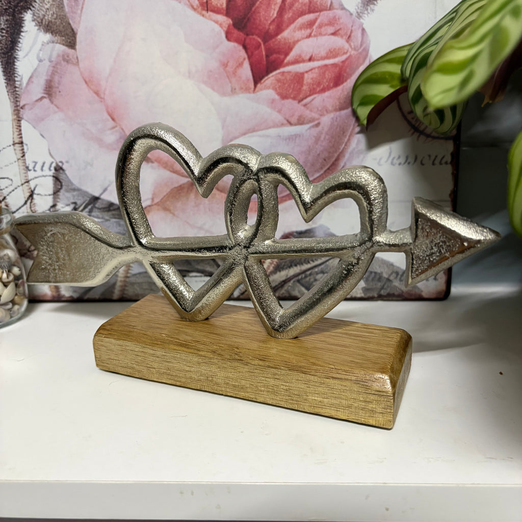 Double Heart & Cupids Arrow Metal Ornament on Wooden Block