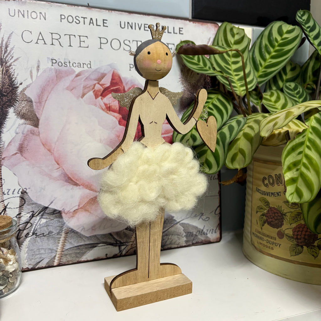 Standing Wooden Fairy with Heart Ornament