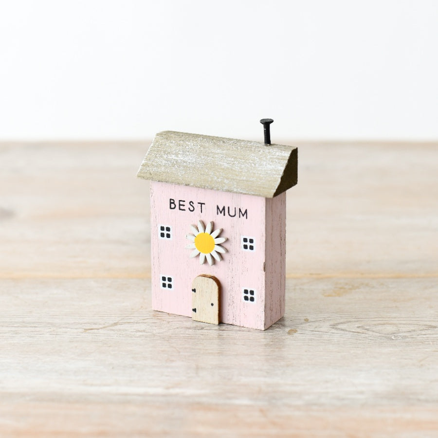Pink 'Best Mum' Wooden House Block, 8.5cm