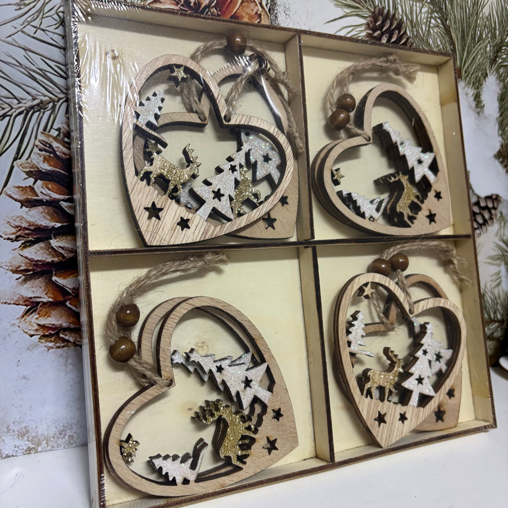 Pack of 8 Glitter Heart Wooden Christmas Tree Decoration Hangers