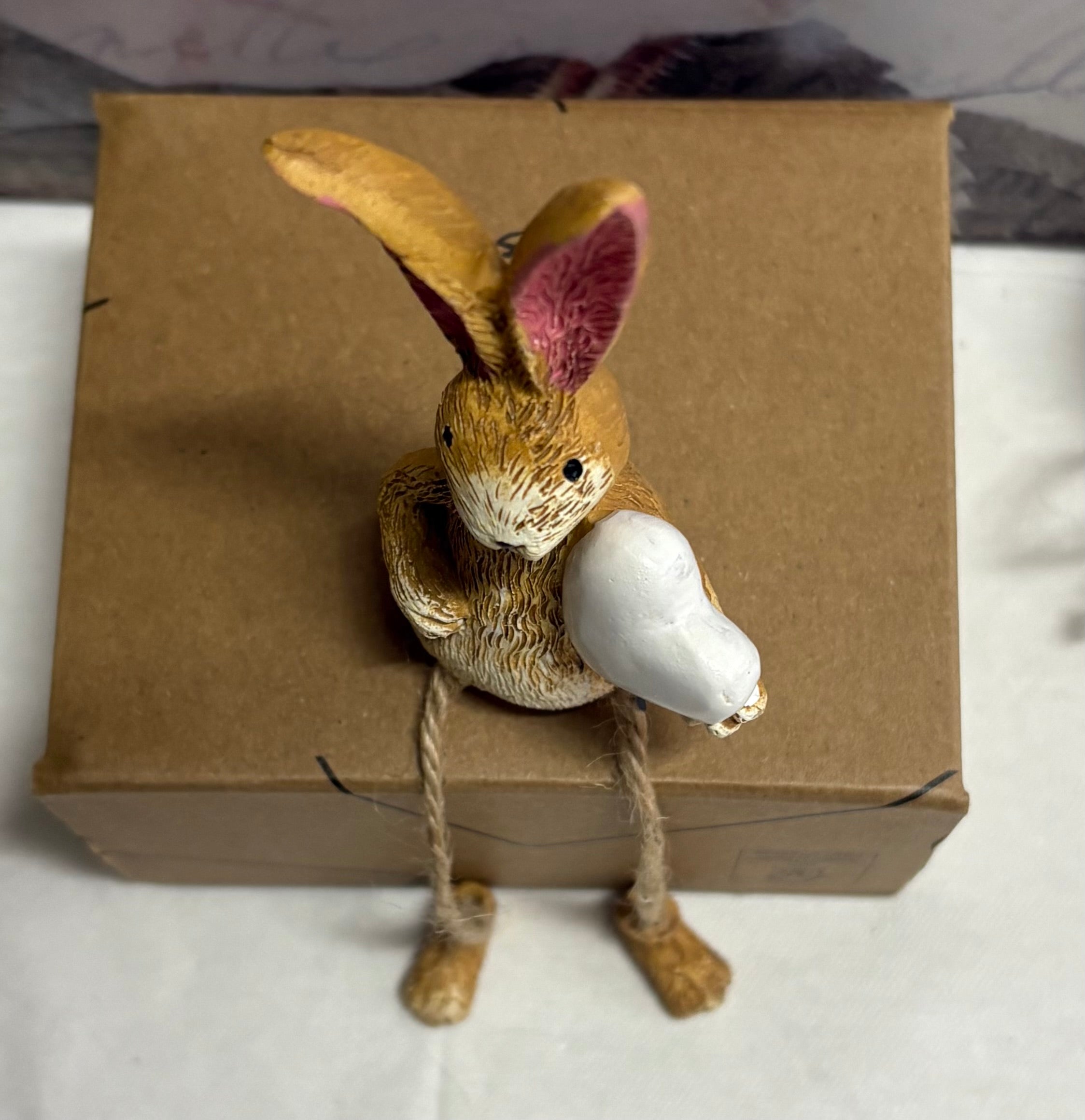 Sitting Brown Bunny with Twine Legs and White Heart Figure Ornament