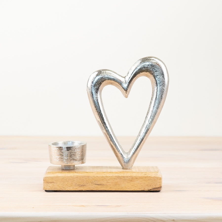 Metal Heart with T-Light Holder on Wooden Base, 17cm