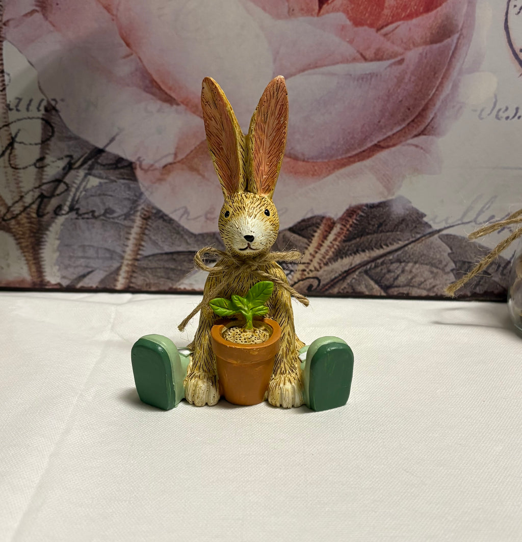 Hand Painted Sitting Plant Pot Bunny Resin Figure