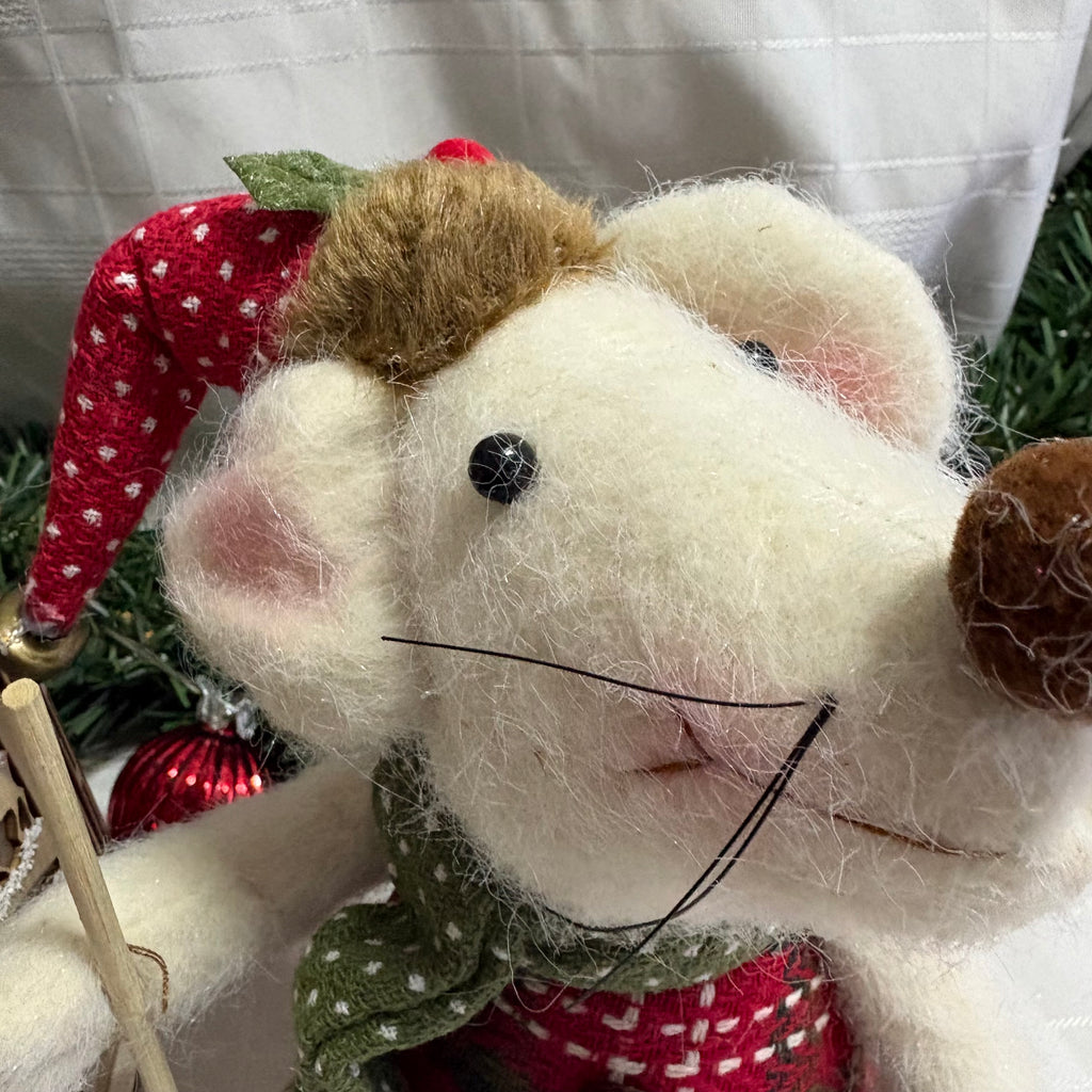 Skiing Mouse Soft Christmas Ornament - Green or Red Scarf