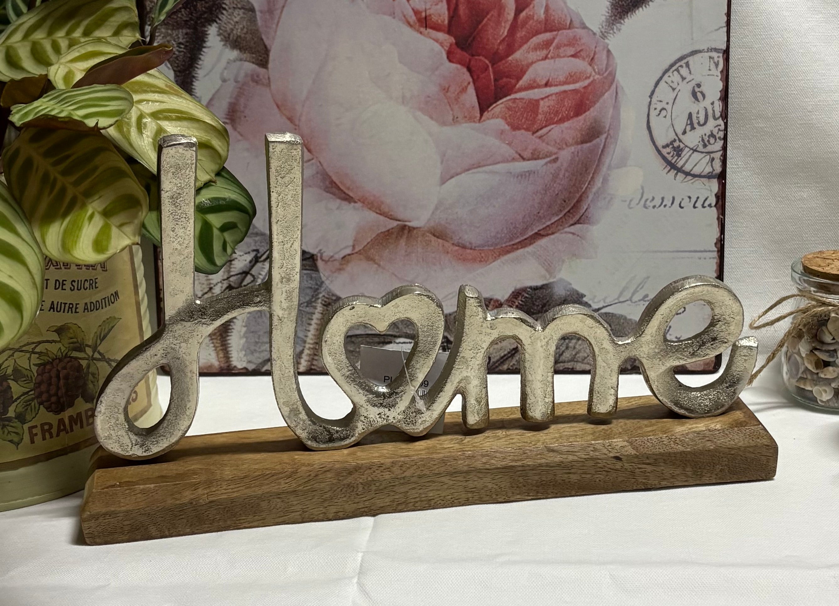 Home Metal Sign on Wooden Base
