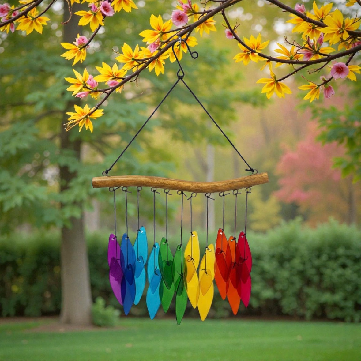 Rainbow Glass Leaf & Wood Windchime